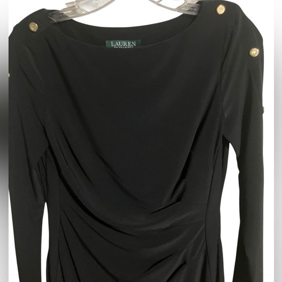 Lauren Ralph Lauren Slimming Blk Ruched Knee Lgth ButtonSleeve Detail Drees Sz 2 - Picture 3 of 7